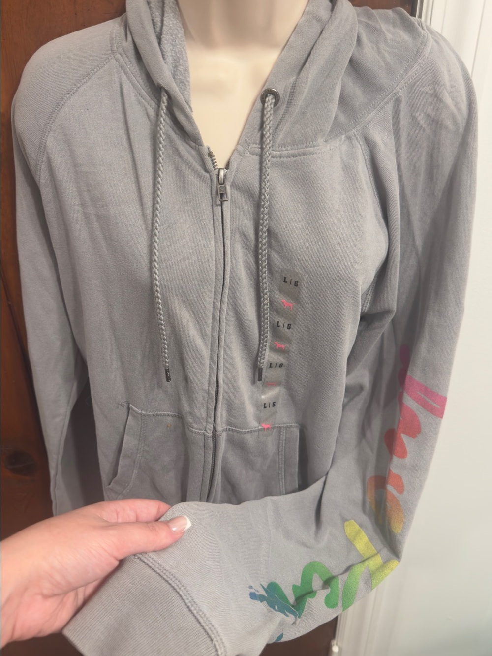 PINK Victoria's Secret Gray Zip-Up Hoodie with Multicolor Sleeve Script